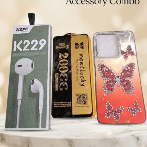 3-In-1 Ultimate Combo Pack, KDM K229 Wired Earphone, Back Cover & Tempered Glass